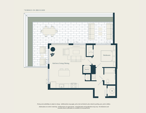 Floor plan for 1 bed, 1 bath, 673 sqft